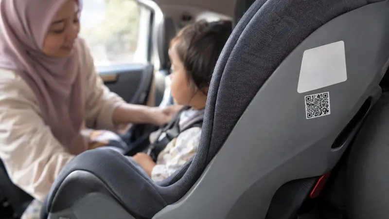 Illustration of a generic label area on the side of a child car seat, not a real approval label