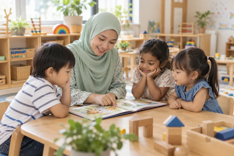 Guru membaca bersama kanak-kanak dalam gambaran kelas awal kanak-kanak di Malaysia