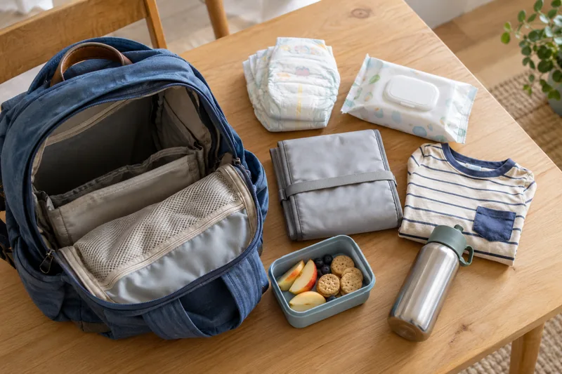 An open day bag with nappies, wipes, spare clothes and outing essentials