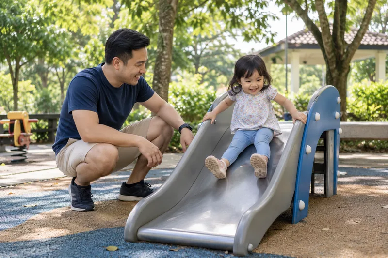 Ibu atau bapa memerhatikan anak di taman permainan luar yang teduh