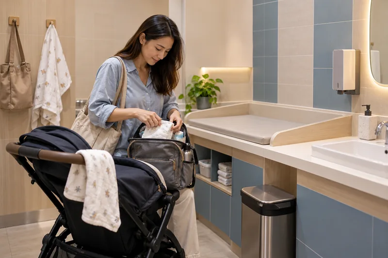 A parent with a stroller beside an empty changing counter in an illustrative family room