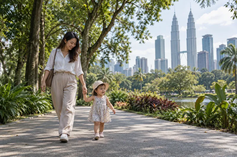 A parent and toddler exploring a shaded city park with Kuala Lumpur in the distance