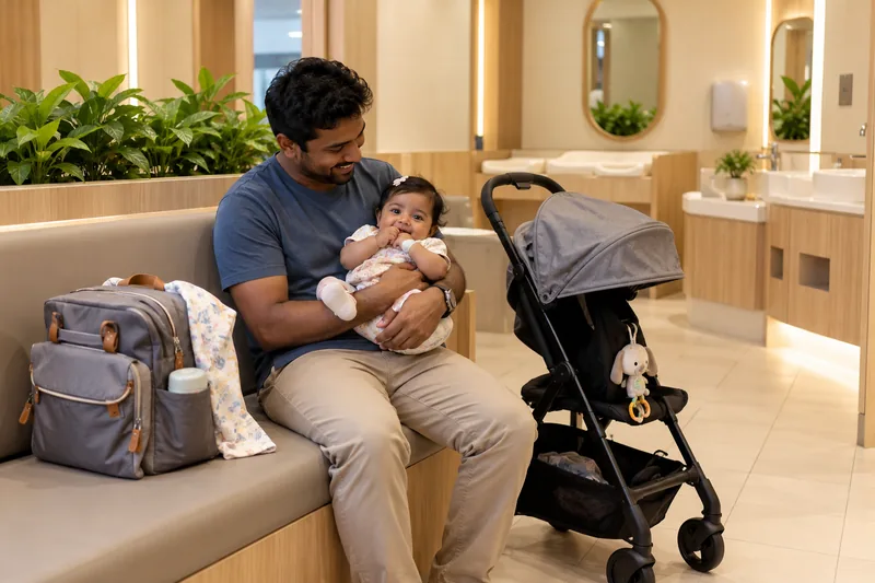 A father holding his infant beside a stroller in an illustrative parent rest area