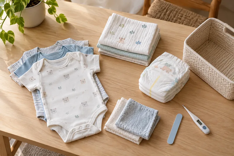 Pakaian bayi, lampin dan kain muslin disusun untuk senarai keperluan bayi