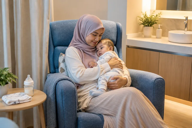 A mother cuddling her dressed infant in an illustrative private nursing room