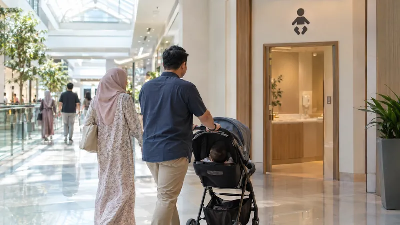 Illustration: parents with a stroller in a generic mall corridor heading to a baby room, not the actual Pavilion KL