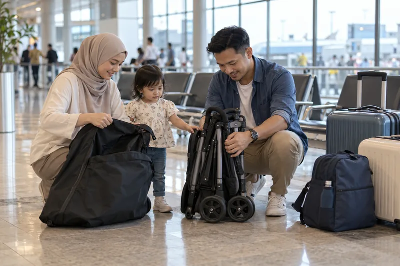 A family organising a folded stroller and cabin bags in a generic airport terminal