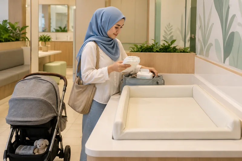 A mother preparing nappies beside an empty changing counter in an illustrative parent room