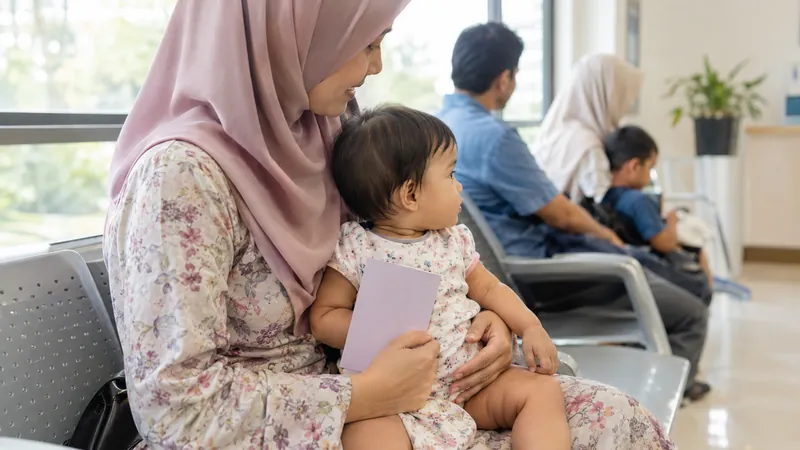Illustration: a mother holding her baby and a health record booklet in a clinic waiting area