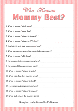 This fun trivia will have guests learning new, fun facts about the mommy-to-be.