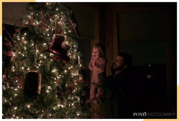 father holding up baby to tree