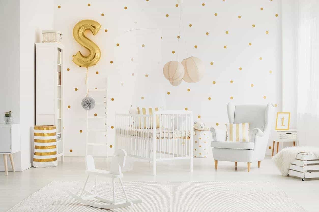 baby girl nursery ideas not pink - white and gold po;ka dot 