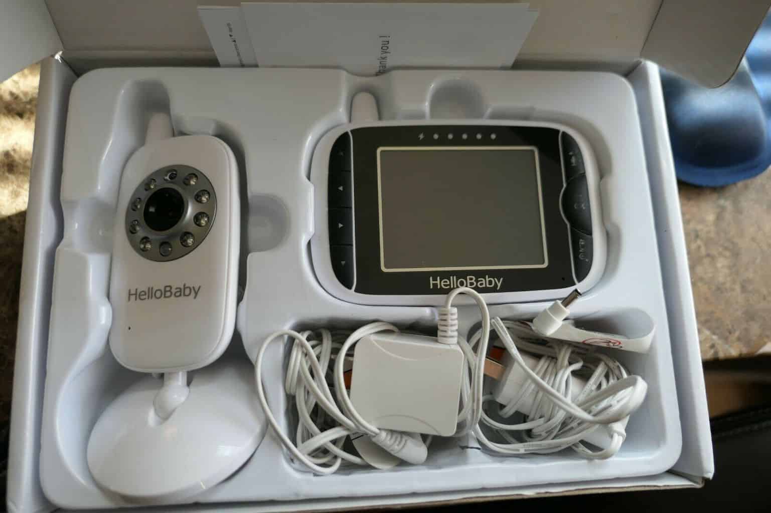 A complete set of Hello Baby HB32 Monitor in the box.- Hello Baby Monitor Review | Baby Journey
