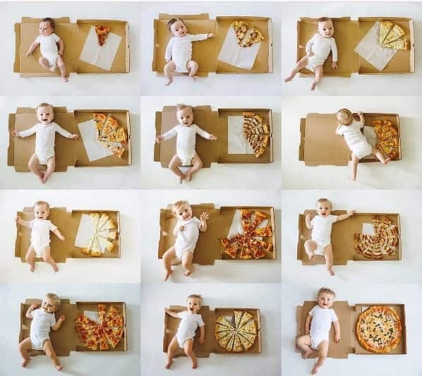 pizza photoshoot - monthly baby photo ideas - 20 Monthly Baby Photo Ideas to Record Baby’s Milestone - Babyjourney.net