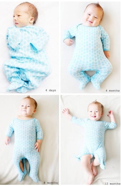 baby outgrown a onesie - monthly baby photo ideas - 20 Monthly Baby Photo Ideas to Record Baby’s Milestone - Babyjourney.net