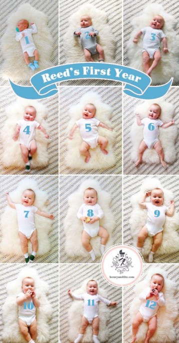 numbered onesies for baby from 1st month to 1year old - 20 Monthly Baby Photo Ideas to Record Baby’s Milestone - Babyjourney.net