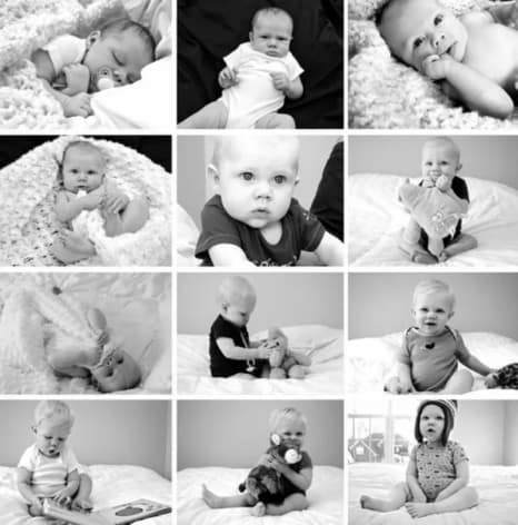 This photoshoot is among the effortless yet thoughtful monthly baby photo ideas. Capture the candid moments of your baby every month on the same day and make a 12-grid collage for the first birthday.