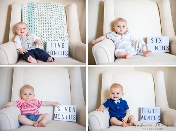 a photo with sofa and indication placard - 20 Monthly Baby Photo Ideas to Record Baby’s Milestone - Babyjourney.net