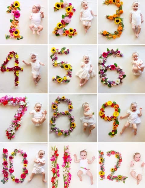 cute ideas for monthly baby pictures - use the flower to make baby photo - 20 Monthly Baby Photo Ideas to Record Baby’s Milestone - Babyjourney.net