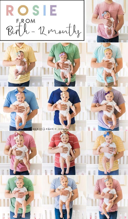 his one of the very doable baby picture ideas at home, especially for dads. All you need is a set of tee shirts in different colors and strike an identical pose every month in a different shirt. See how Marielle has made a similar milestone collage of her daughter and husband.