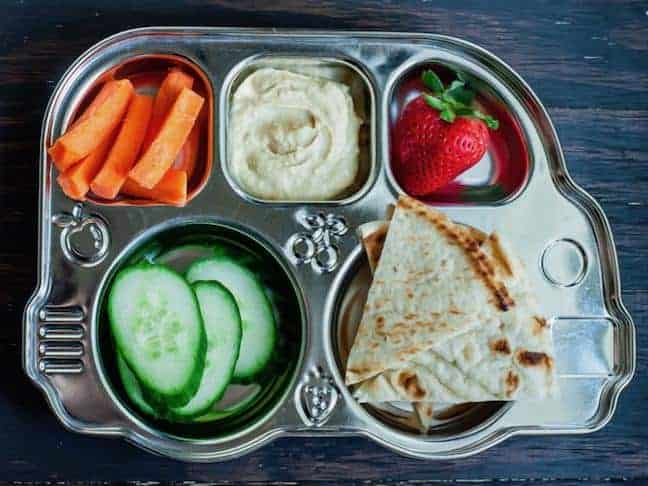 Pita Bread and Hummus with Veggies & Fruits | Toddlers' Lunch Plate | Healthy Lunch Ideas for Toddlers | Baby Journey 