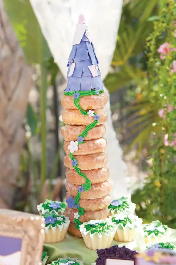 Disney Tangled Donut Tower - Disney Themed Baby Shower Ideas - Baby Journey