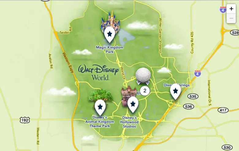 Map showing Disney stroller rental locations at Walt Disney World. - Disney stroller rules - Baby Journey