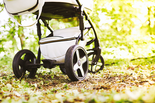 Picture of baby stroller on forest grounds with focus shot on the stroller wheels - Stroller maintenance - Baby Journey