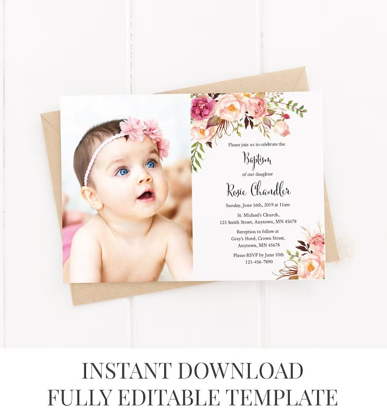 Floral Baptism Invitation Template by simply pretty pieces - Baptism Invitation Wording - Baby Journey