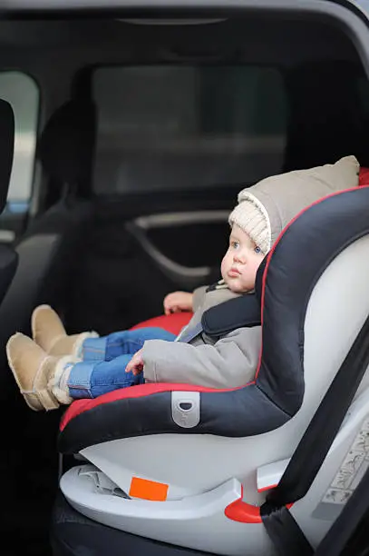 The baby is sitting on the car seat base placed in the car - How Long Are Car Seat Bases Good For - Baby Journey