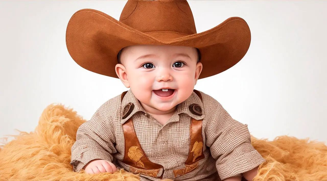 A cowboy-dressed baby is sitting on hay, smiling at the camera - 500+ Cowboy Names to Name Your Child - Baby Journey