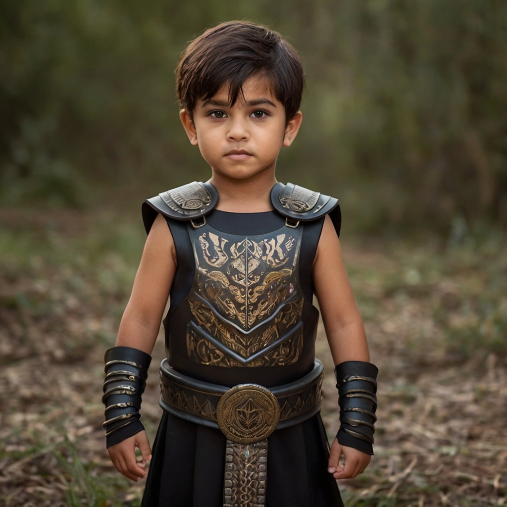 A little boy dressed with warrior suit standing in front of the camera - Warrior Names - Baby Journey